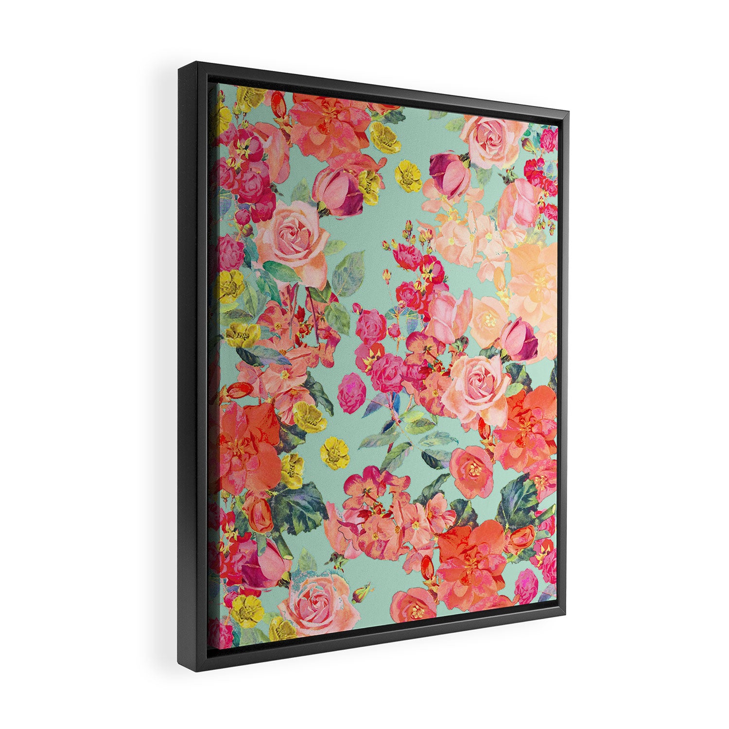 Antique Floral Print in Coral and Mint Tones Framed Canvas Print Gallery Image 2