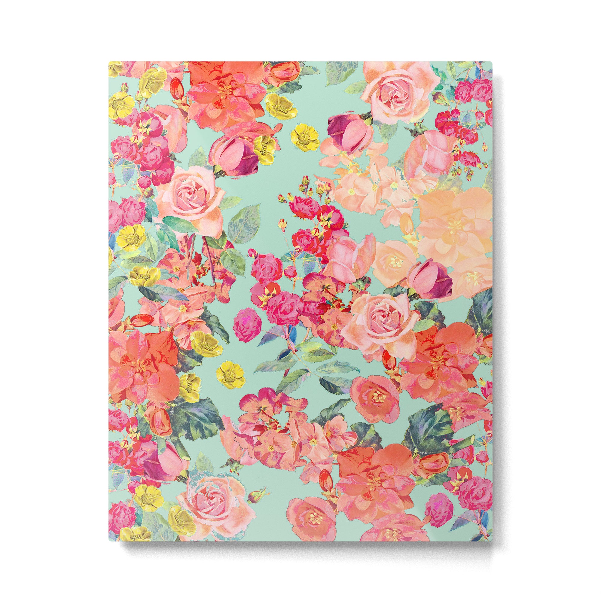 Antique Floral Print in Coral and Mint Tones Metal Print Gallery Image 6