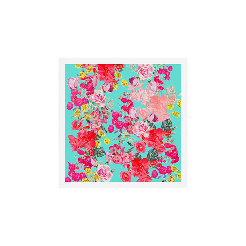 Bright Turquoise/Teal  Antique inspired Floral Print With Hot pink, baby Pink, Coral and Yellow Art Print Gallery Image 1