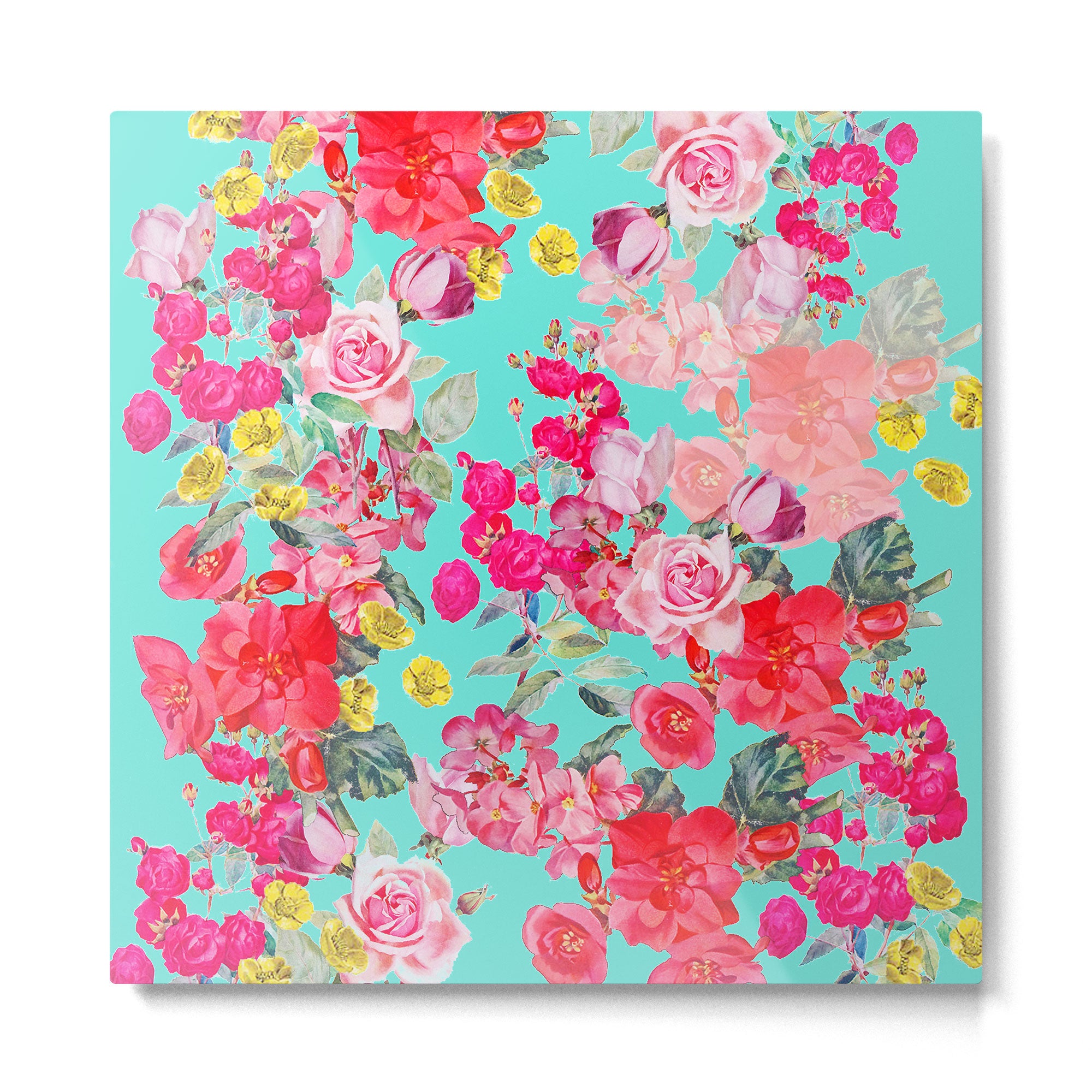 Bright Turquoise/Teal  Antique inspired Floral Print With Hot pink, baby Pink, Coral and Yellow Metal Print Gallery Image 2