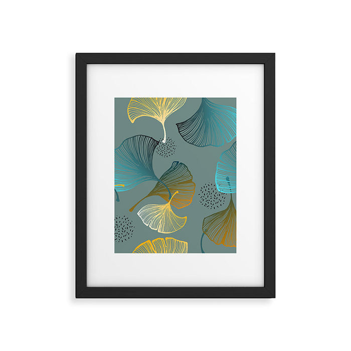 Luxury gold Ginkgo on blue background illustration pattern. Framed Art Print Gallery Image 1