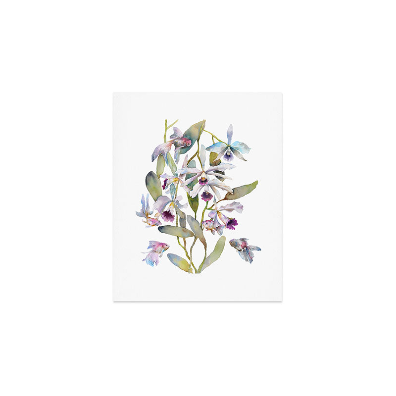 Cattleya Orchid White and Purple with Goldfish Muted Pallet Botanical Design Art Print Gallery Image 1