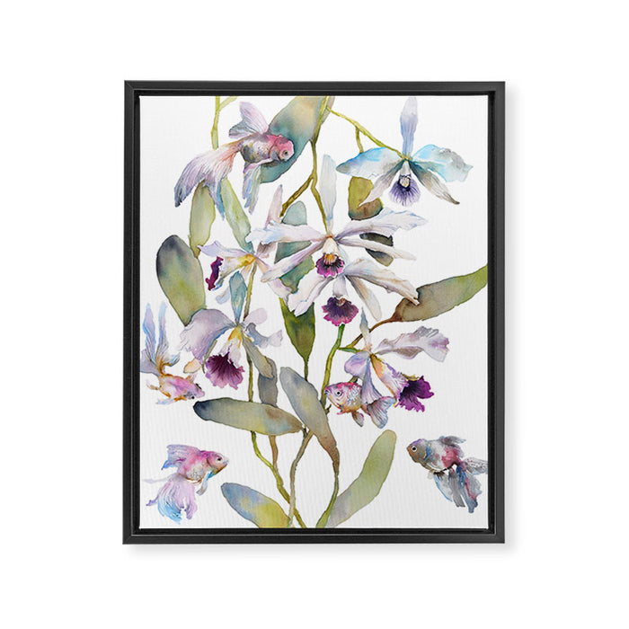 Cattleya Orchid White and Purple with Goldfish Muted Pallet Botanical Design Framed Canvas Print Gallery Image 1