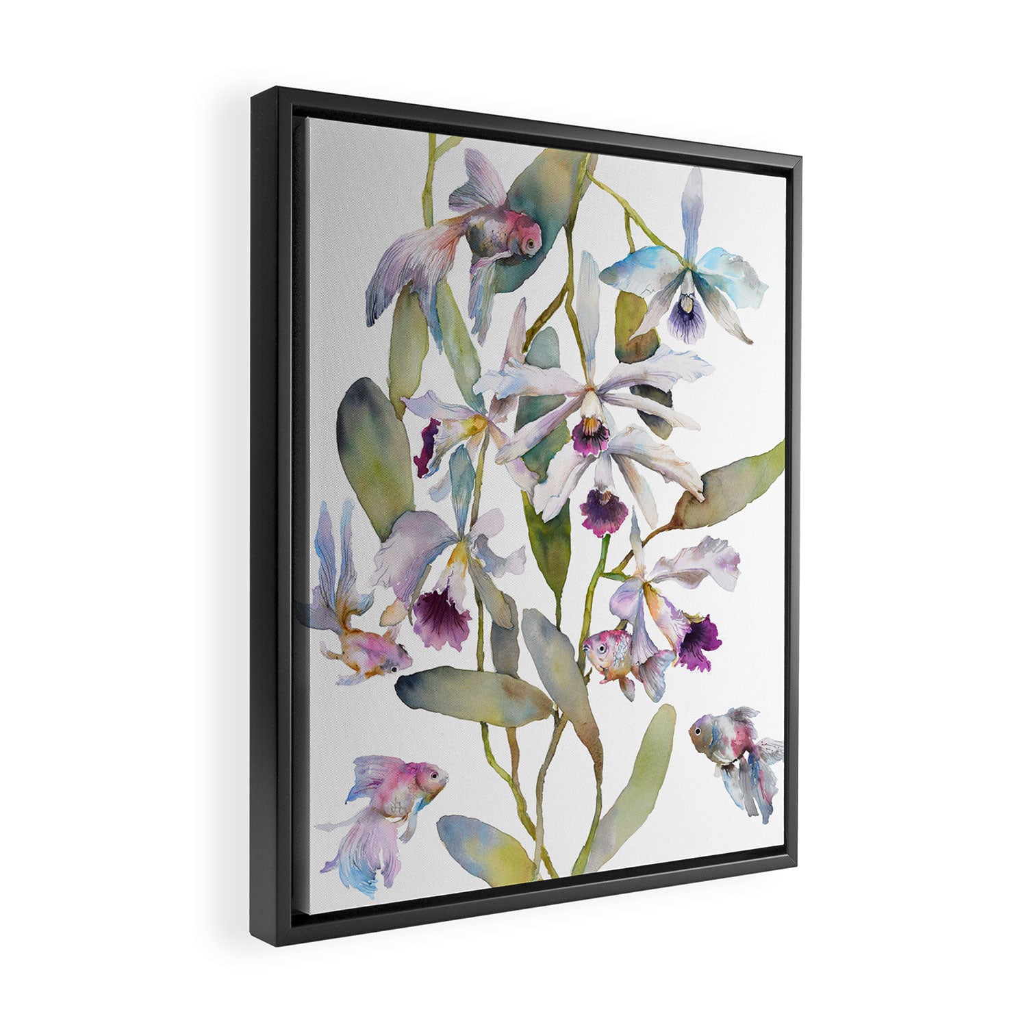 Cattleya Orchid White and Purple with Goldfish Muted Pallet Botanical Design Framed Canvas Print Gallery Image 2