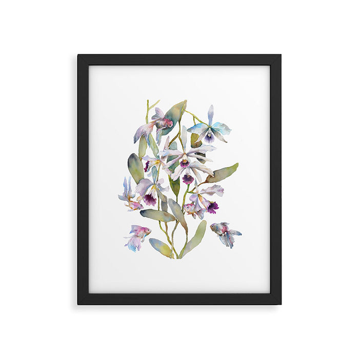 Cattleya Orchid White and Purple with Goldfish Muted Pallet Botanical Design Framed Art Print Gallery Image 1