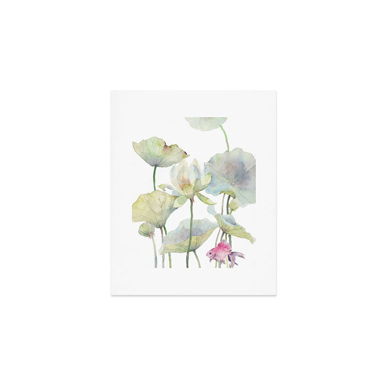 Lotus Flower and Leaves Pink Goldfish Watercolor  Art Print Gallery Image 1