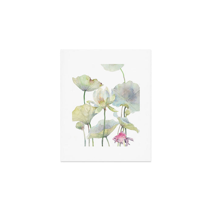 Lotus Flower and Leaves Pink Goldfish Watercolor  Art Print Gallery Image 1