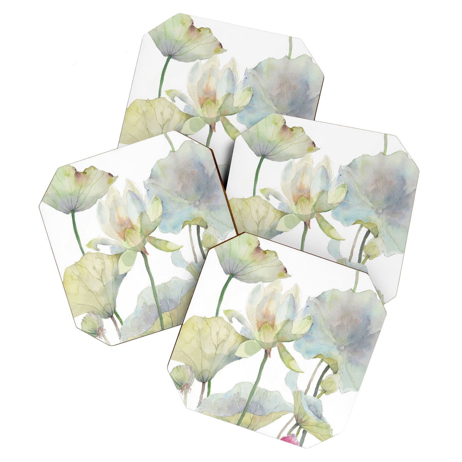 Lotus Flower and Leaves Pink Goldfish Watercolor  Coaster Gallery Image 1