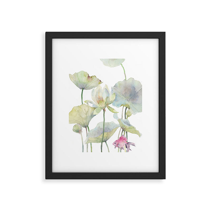 Lotus Flower and Leaves Pink Goldfish Watercolor  Framed Art Print Gallery Image 5
