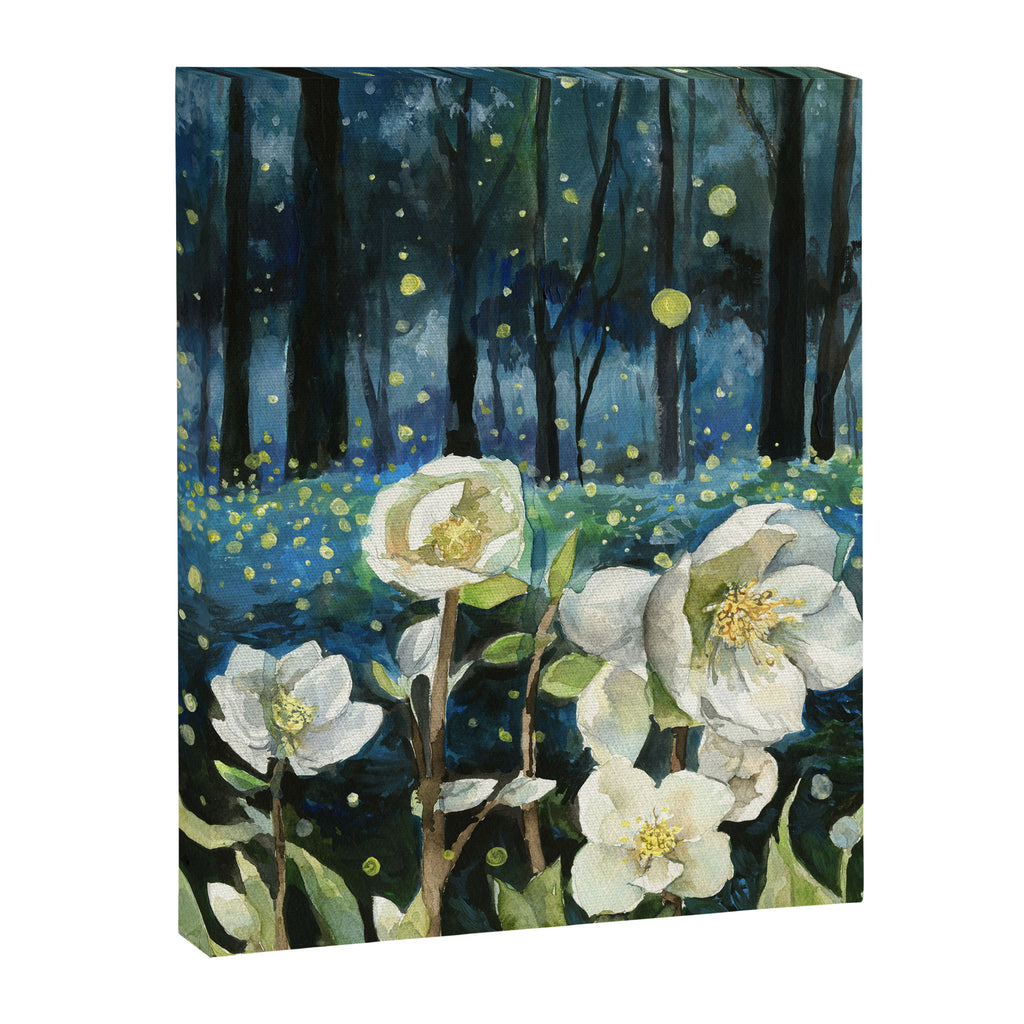 Magical Forest at Night, Fireflies and Helleborus Canvas Print Gallery Image 6