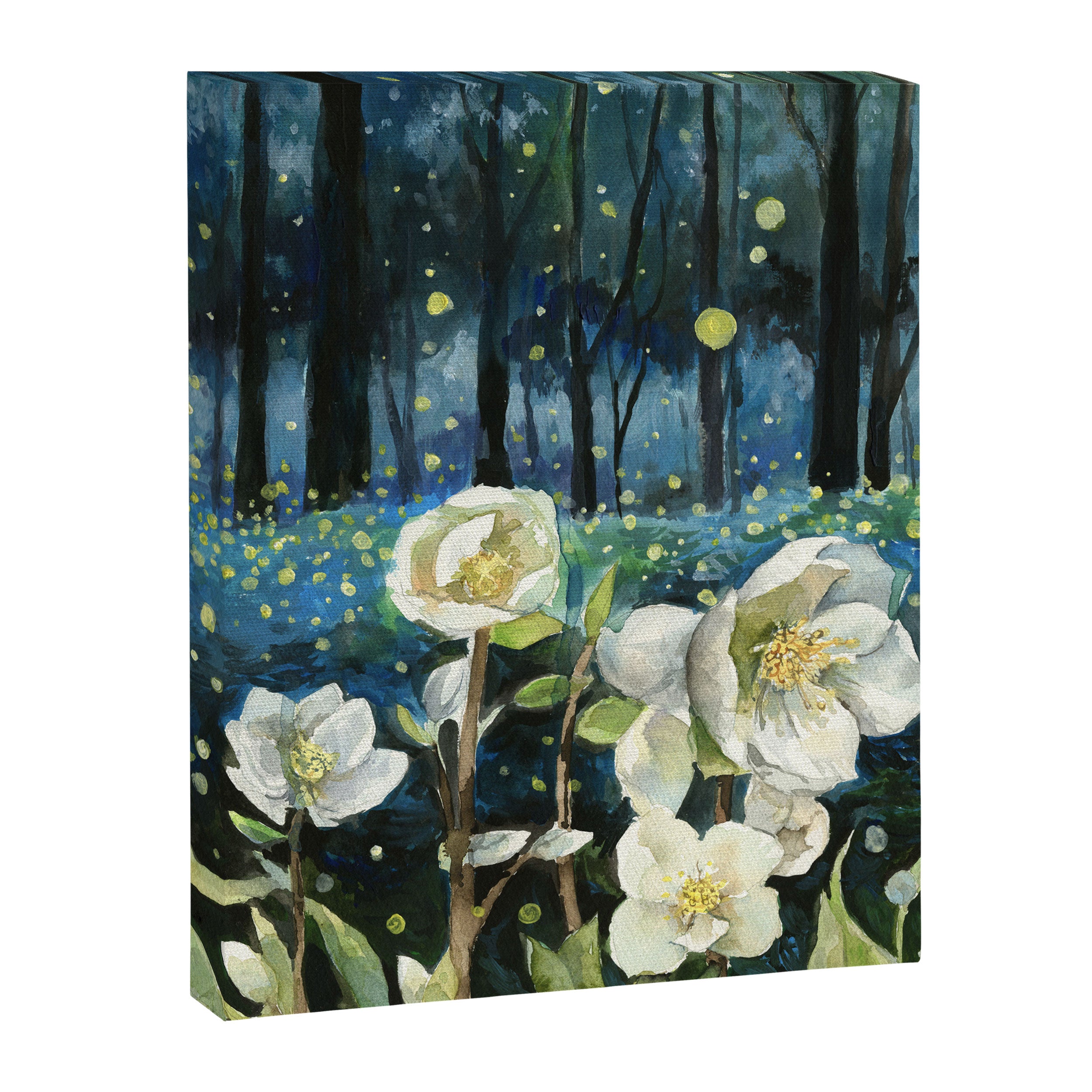 Magical Forest at Night, Fireflies and Helleborus Canvas Print Gallery Image 6