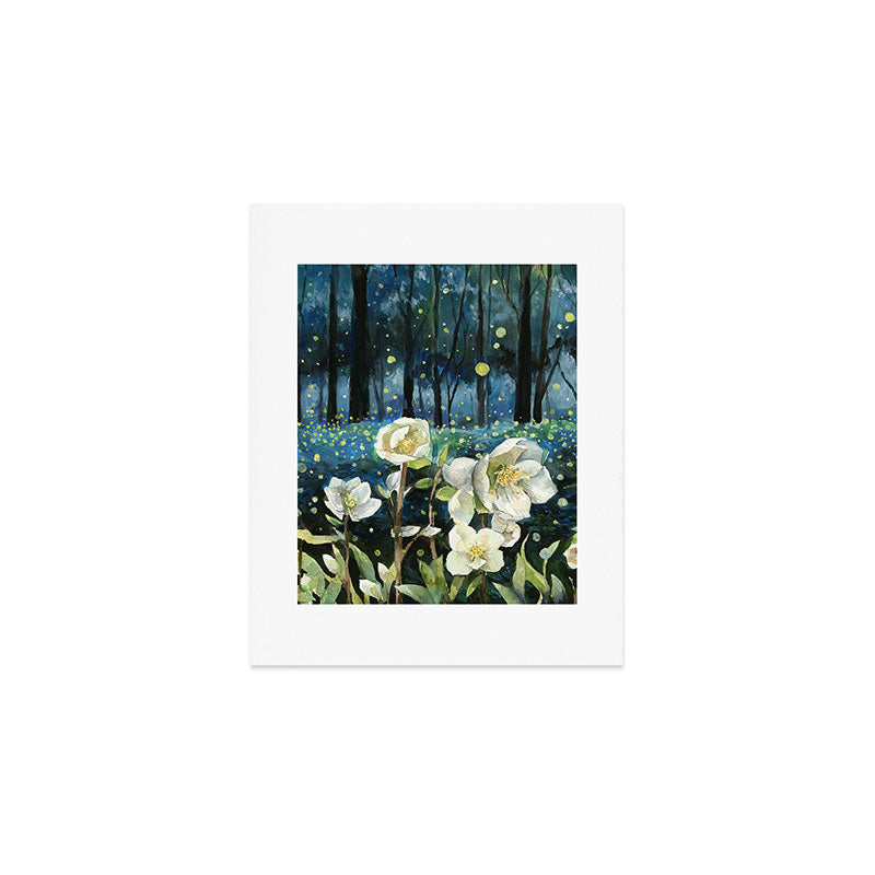 Magical Forest at Night, Fireflies and Helleborus Art Print Gallery Image 1