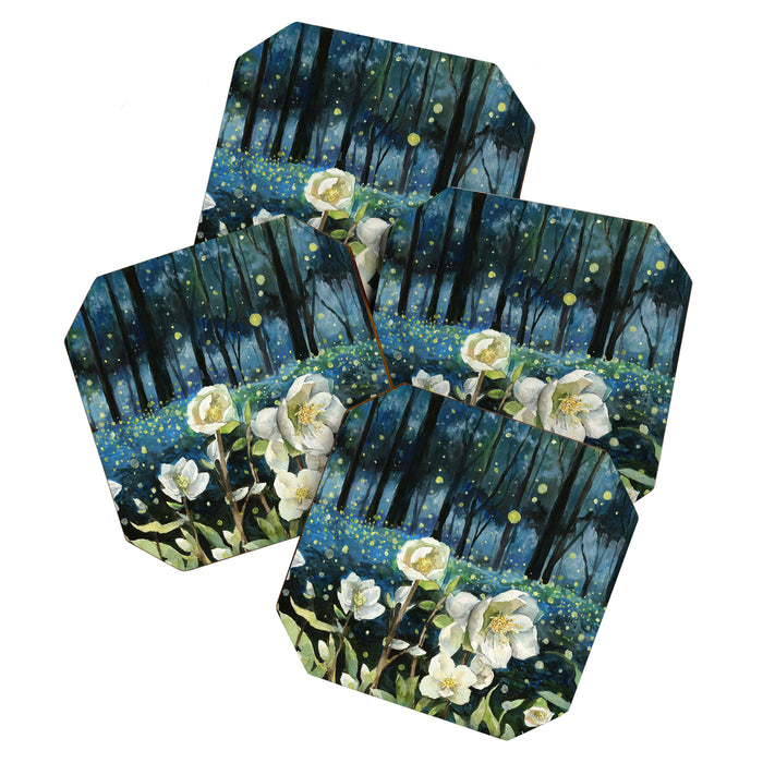 Magical Forest at Night, Fireflies and Helleborus Coaster Gallery Image 1