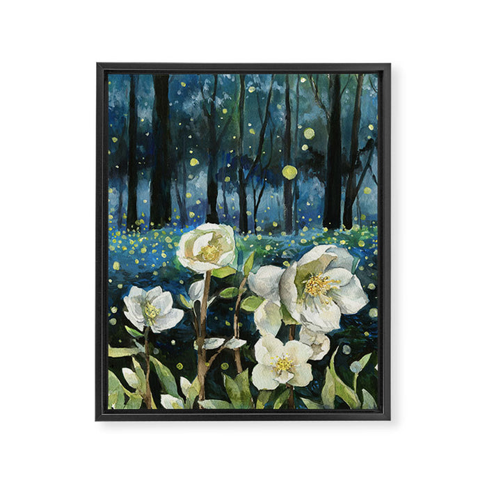 Magical Forest at Night, Fireflies and Helleborus Framed Canvas Print Gallery Image 1