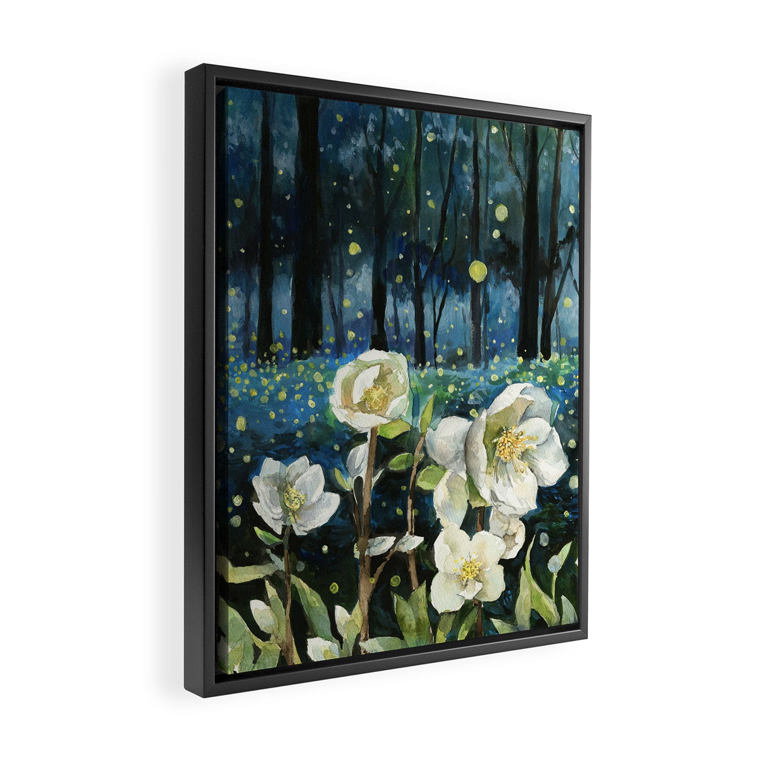 Magical Forest at Night, Fireflies and Helleborus Framed Canvas Print Gallery Image 2