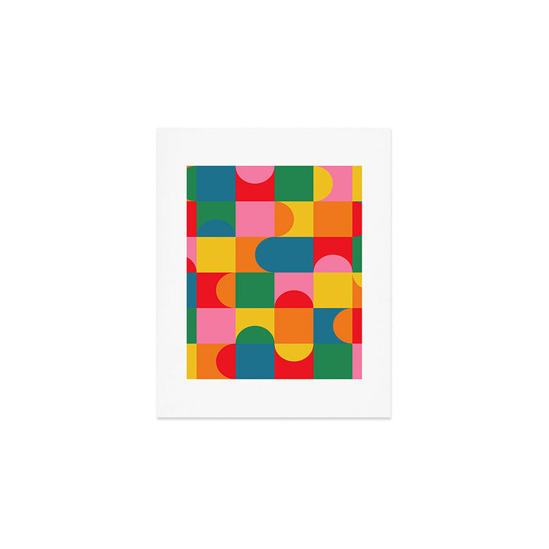 Colorful Mid Century Bauhaus Geometric Abstraction squares and half circles pattern bold colors Art Print Gallery Image 1