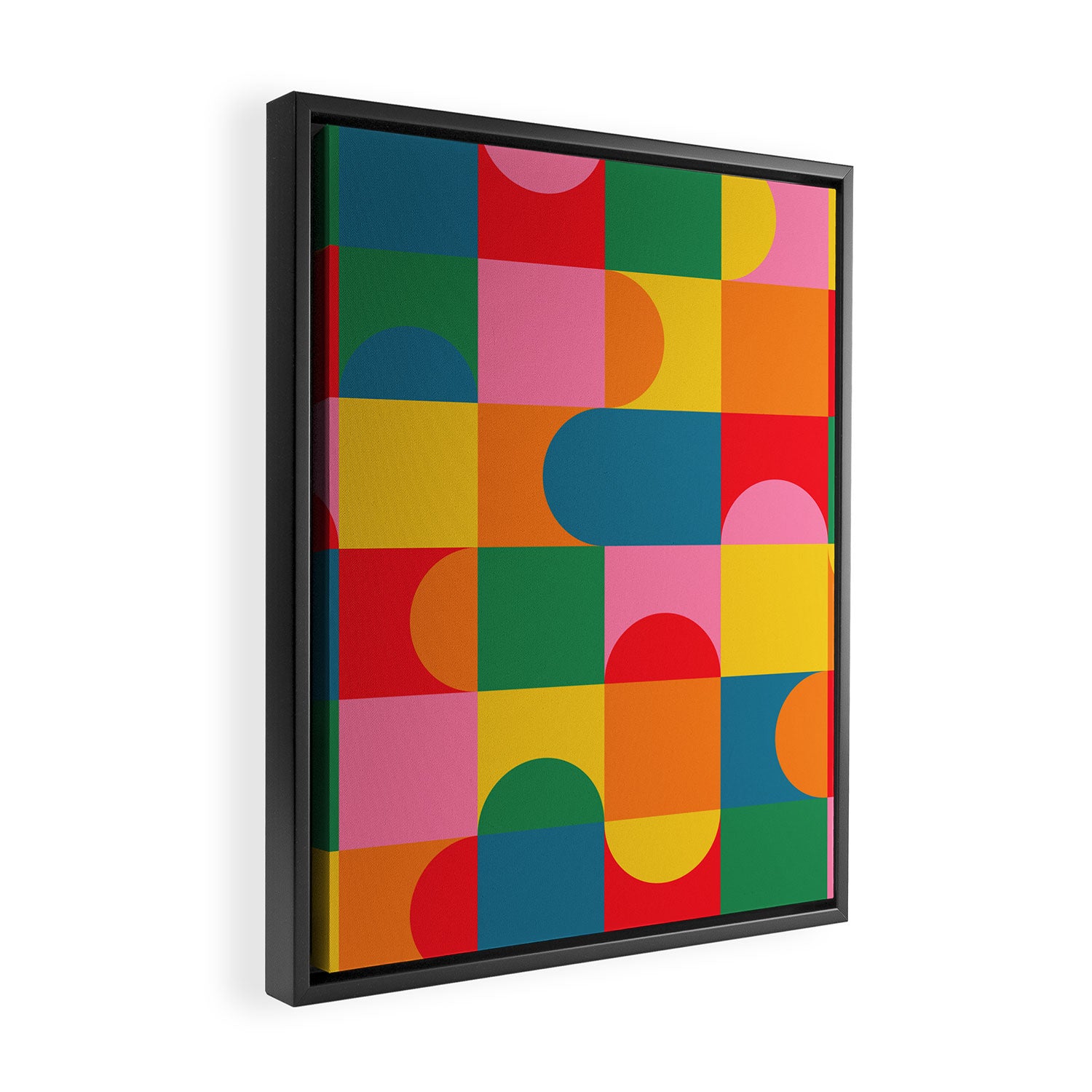 Colorful Mid Century Bauhaus Geometric Abstraction squares and half circles pattern bold colors Framed Canvas Print Gallery Image 2