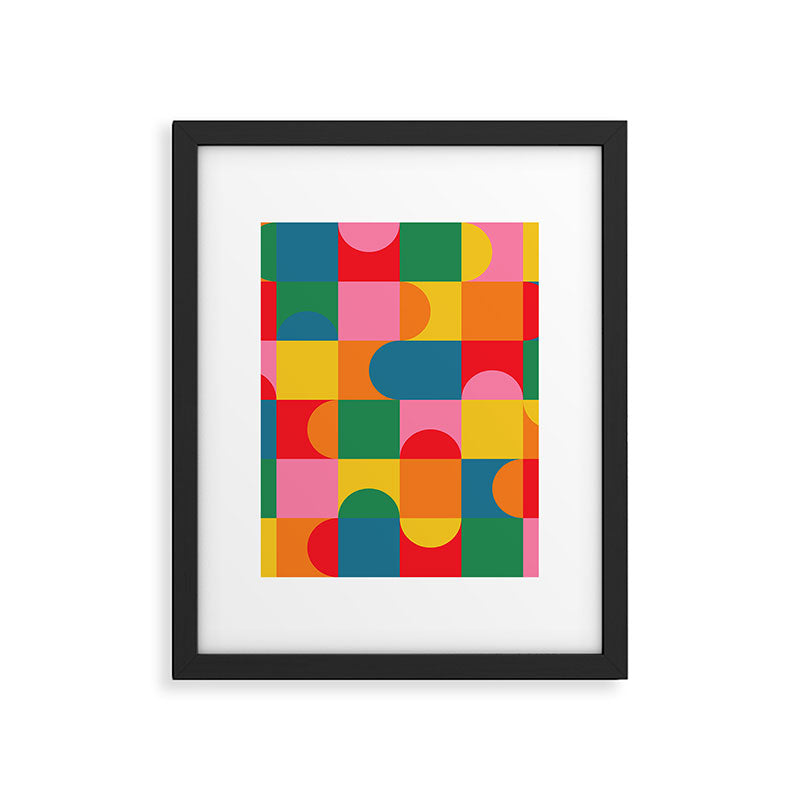 Colorful Mid Century Bauhaus Geometric Abstraction squares and half circles pattern bold colors Framed Art Print Gallery Image 6