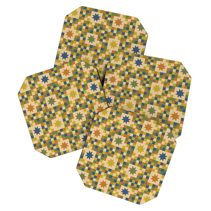 Colorful Quilt Plaid geometric pattern green and blue Coaster Gallery Image 1