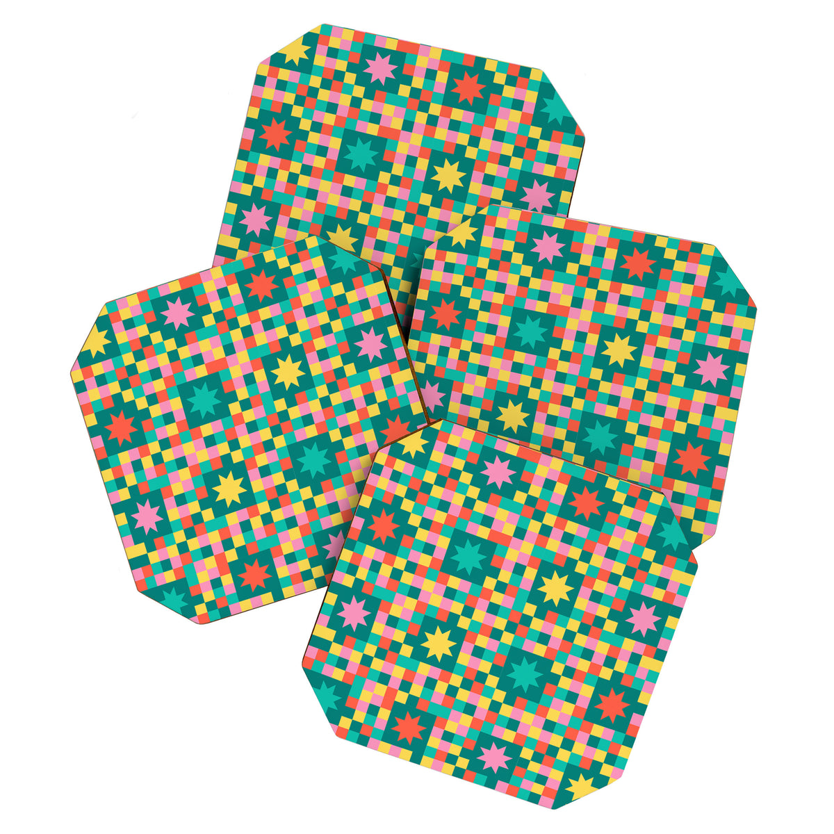 Colorful Quilt Plaid geometric pattern teal and pink Coaster Gallery Image 1