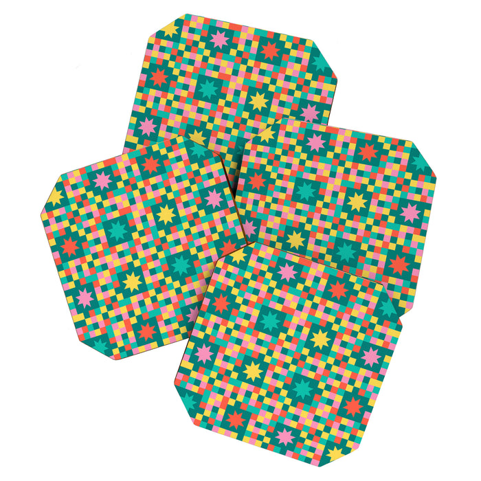 Colorful Quilt Plaid geometric pattern teal and pink Coaster Gallery Image 1