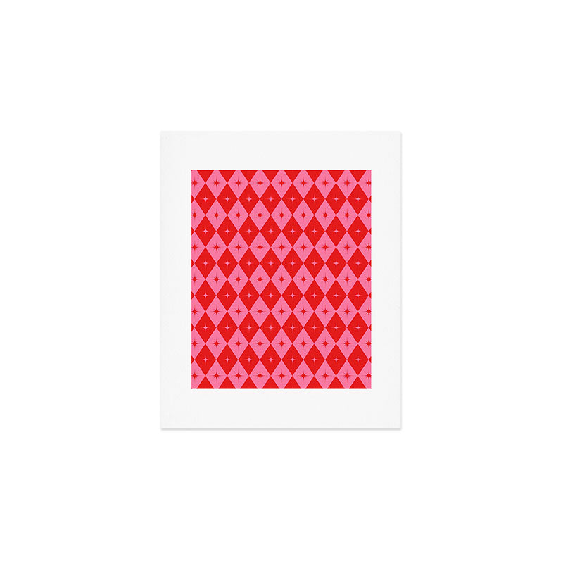Diamonds with Sparkles geometric pattern pink and red  Art Print Gallery Image 1