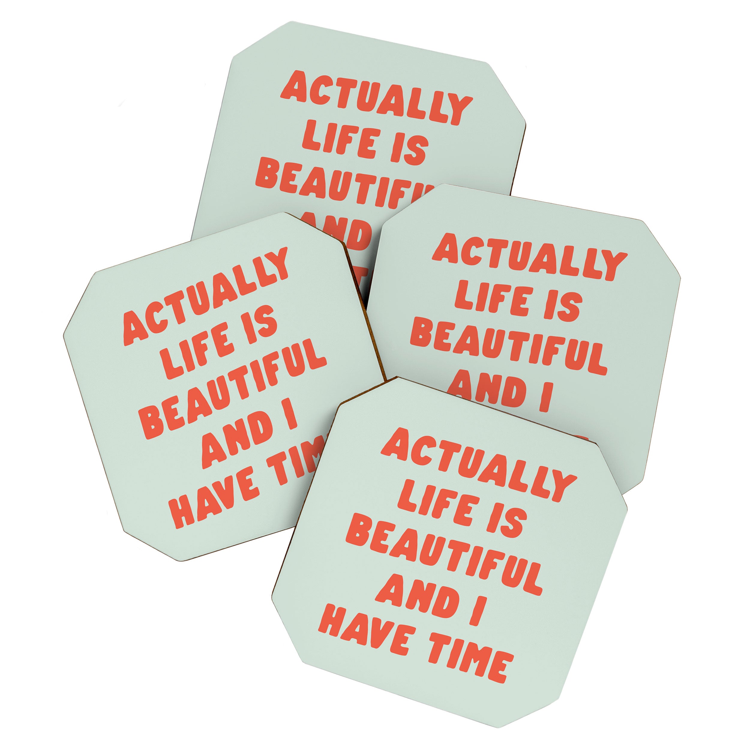 Actually Life is Beautiful and I Have Time typography print in pastel green and red Coaster Gallery Image 1