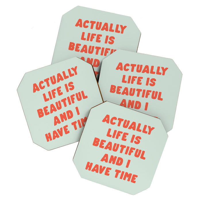 Actually Life is Beautiful and I Have Time typography print in pastel green and red Coaster Gallery Image 1