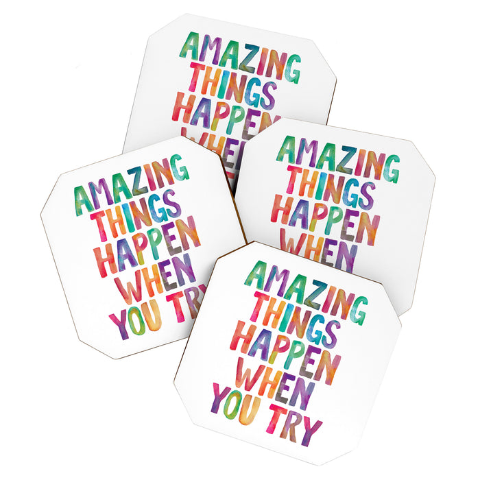 AMAZING THINGS HAPPEN WHEN YOU TRY rainbow watercolor Coaster Gallery Image 1