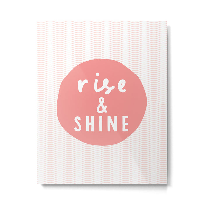 Rise and Shine inspirational quote typography wall art home decor in peach pink Metal Print Gallery Image 1