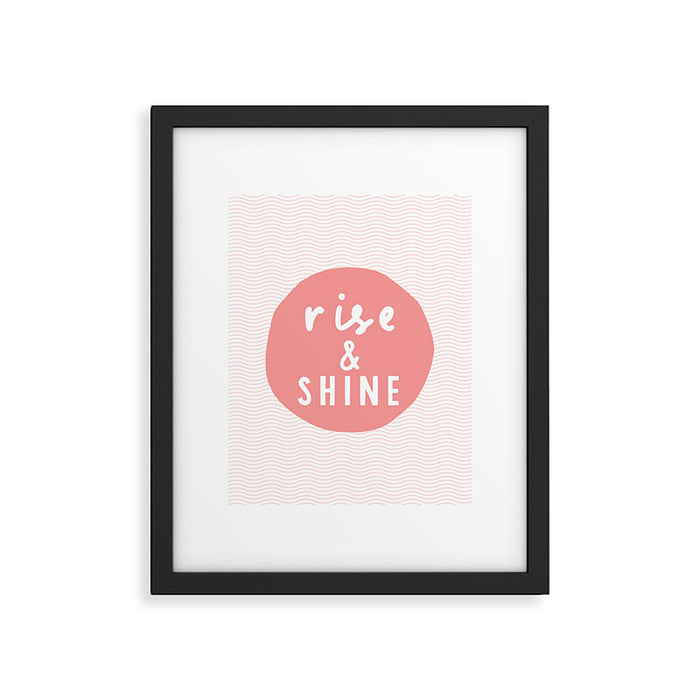Rise and Shine inspirational quote typography wall art home decor in peach pink Framed Art Print Gallery Image 1