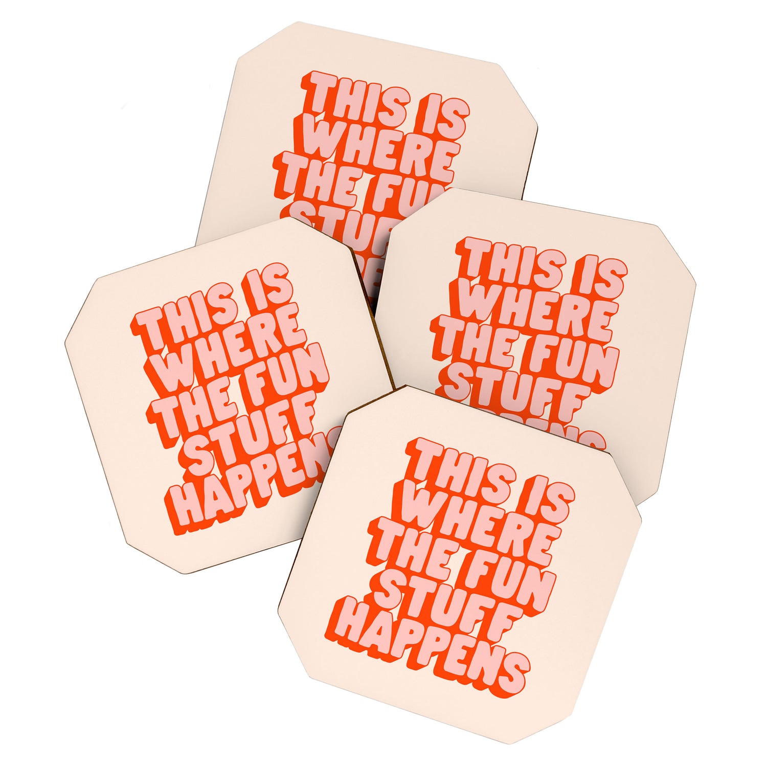 This is Where the Fun Stuff Happens typography print in peach and red Coaster Gallery Image 1