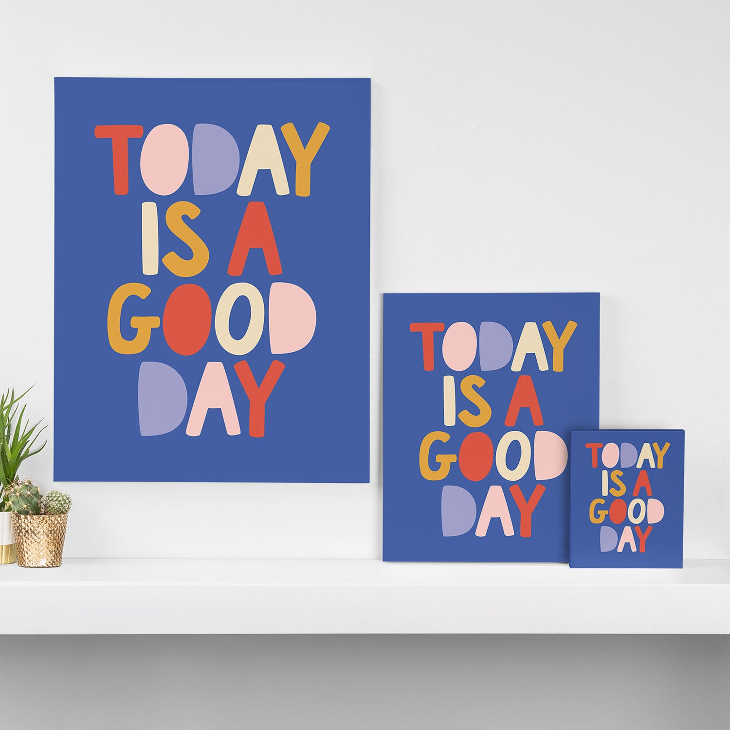 Today is a Good Day in blue red peach pink and mustard yellow Canvas Print Gallery Image 3