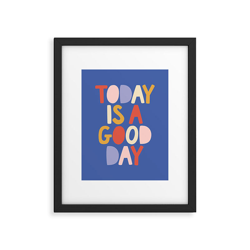 Today is a Good Day in blue red peach pink and mustard yellow Framed Art Print Gallery Image 6