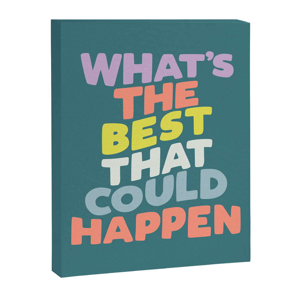 Whats The Best That Could Happen typography print in green, lilac, orange and yellow Canvas Print Gallery Image 8