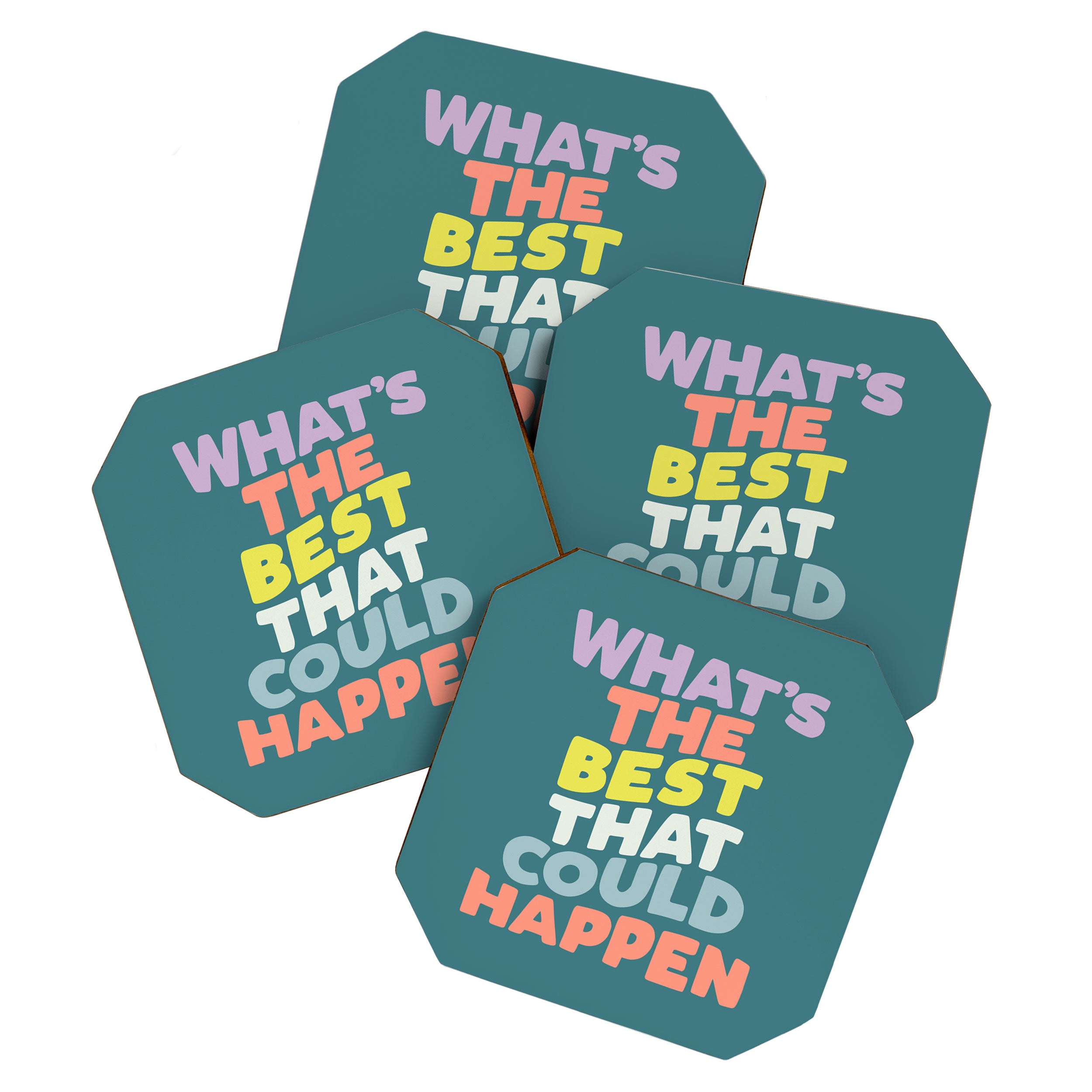 Whats The Best That Could Happen typography print in green, lilac, orange and yellow Coaster Gallery Image 1