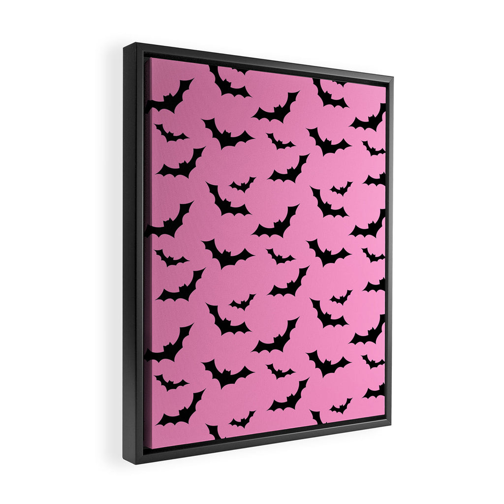 Black Bat Pattern on Pink Framed Canvas Print Gallery Image 2