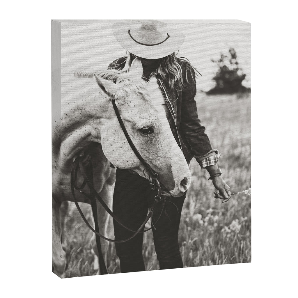 A Cowgirl & Her Horse - Black & White Photo Canvas Print Gallery Image 6