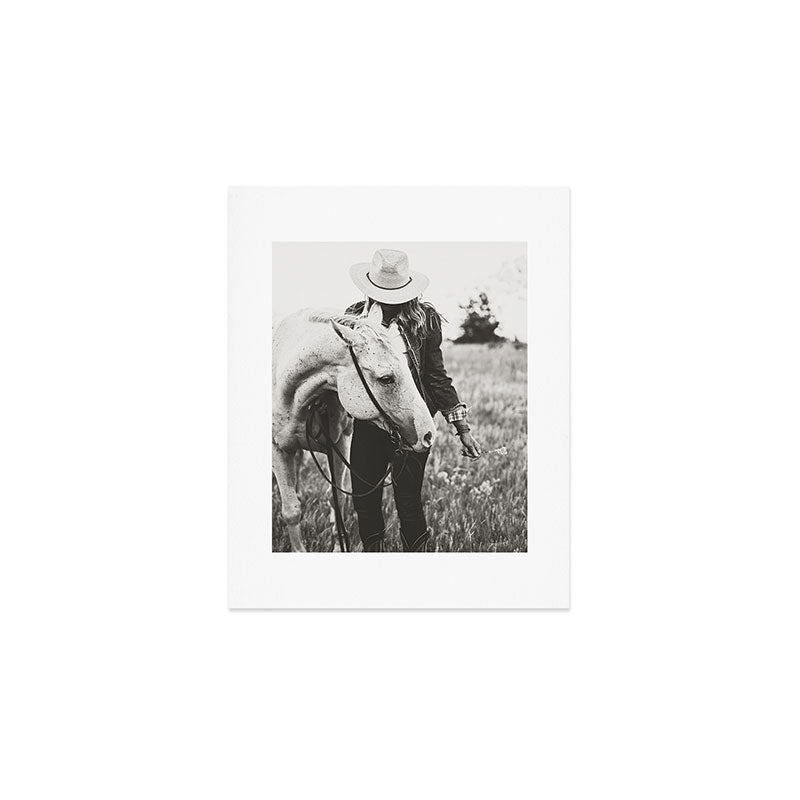 A Cowgirl & Her Horse - Black & White Photo Art Print Gallery Image 1