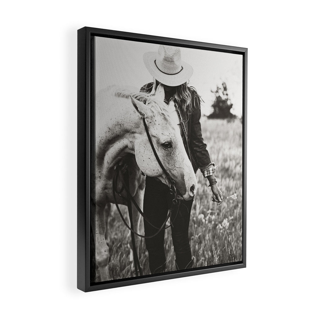 A Cowgirl & Her Horse - Black & White Photo Framed Canvas Print Gallery Image 2