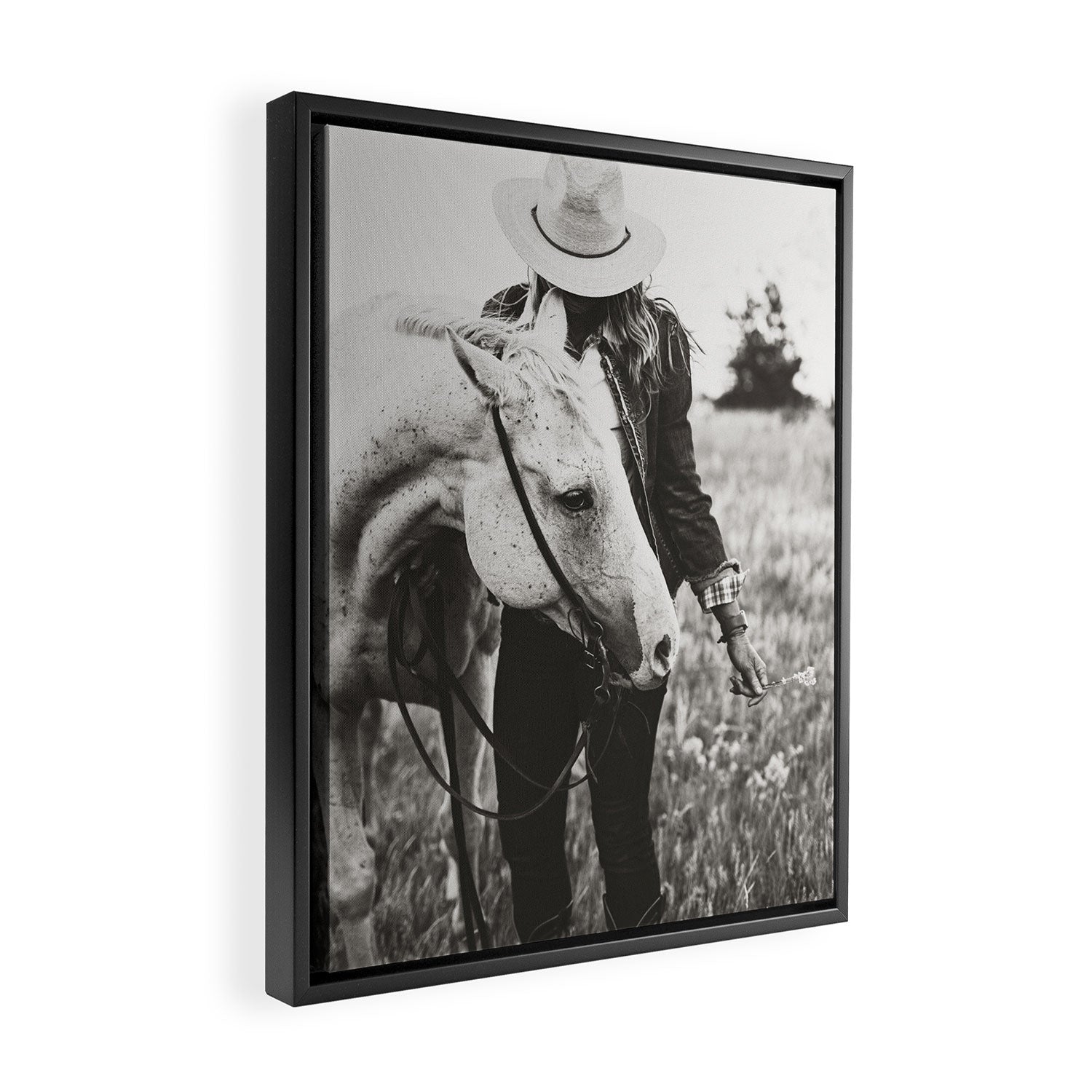 A Cowgirl & Her Horse - Black & White Photo Framed Canvas Print Gallery Image 2