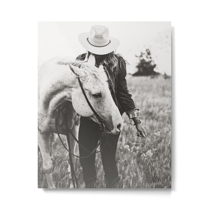 A Cowgirl & Her Horse - Black & White Photo Metal Print Gallery Image 1