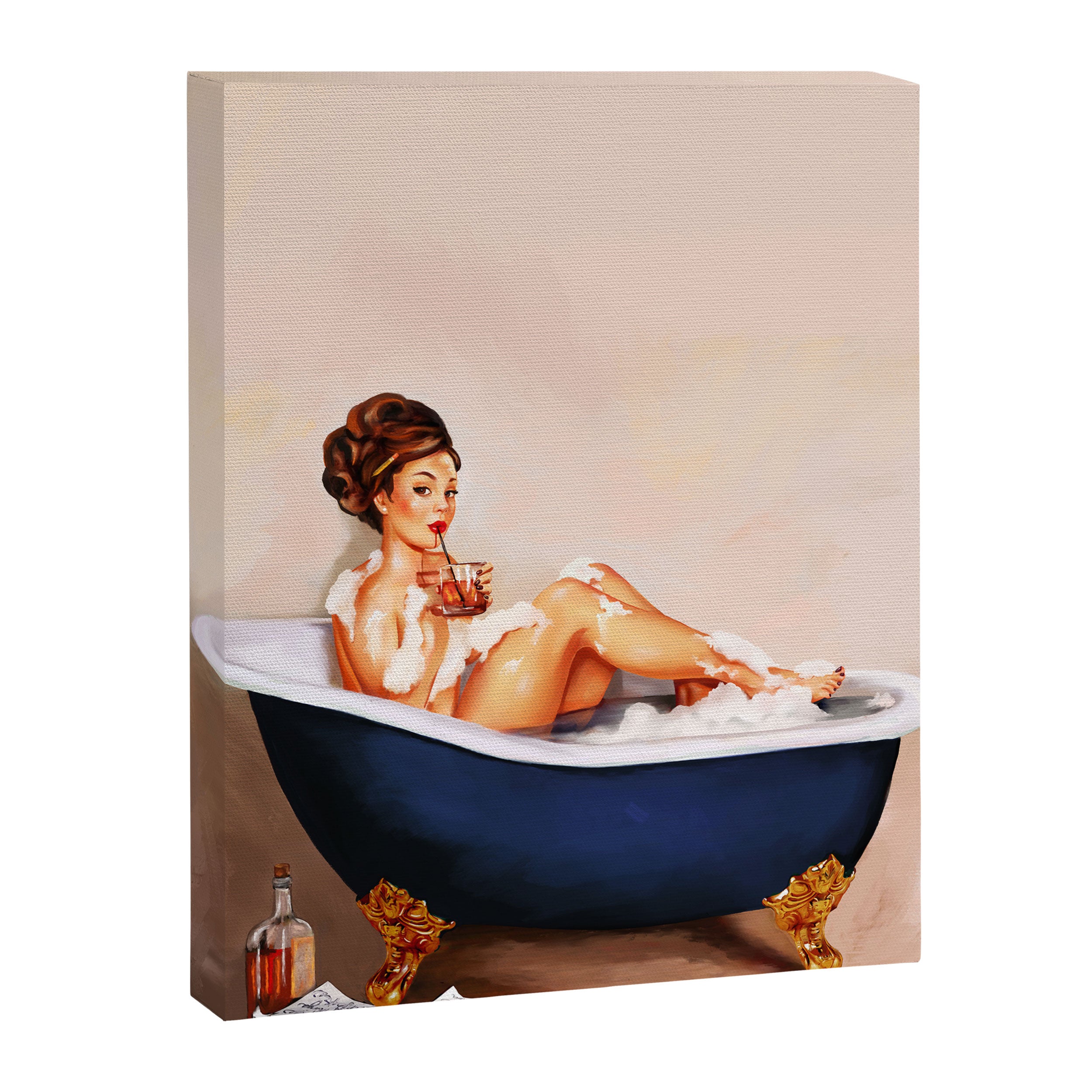 "Bathtub Whiskey" - Cute Vintage Brunette Pinup Girl Soaks & Enjoys A Cocktail. (V.2) Canvas Print Gallery Image 6