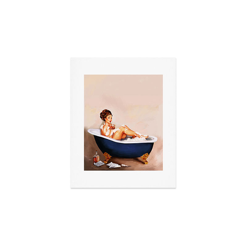 "Bathtub Whiskey" - Cute Vintage Brunette Pinup Girl Soaks & Enjoys A Cocktail. (V.2) Art Print Gallery Image 1