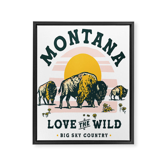 Big Sky Country, Montana: Love The Wild. Cool Retro Travel Art Featuring Buffalo Framed Canvas Print Gallery Image 1