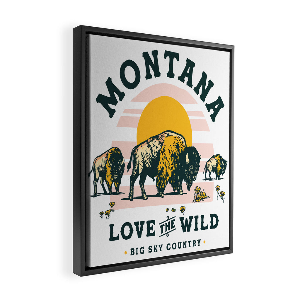 Big Sky Country, Montana: Love The Wild. Cool Retro Travel Art Featuring Buffalo Framed Canvas Print Gallery Image 2