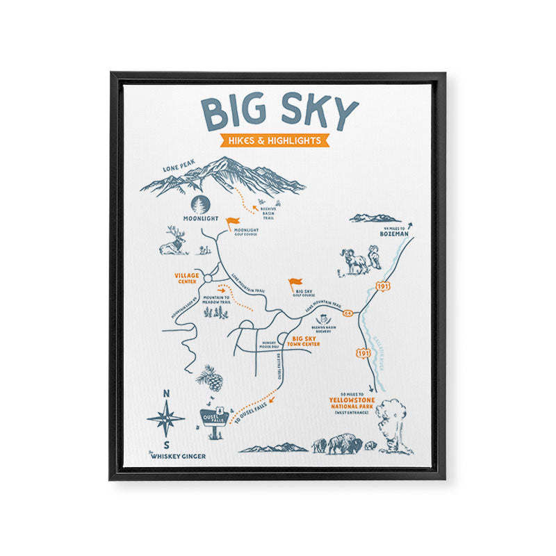 Big Sky, Montana Hiking & Recreation Trail Map Framed Canvas Print Gallery Image 6