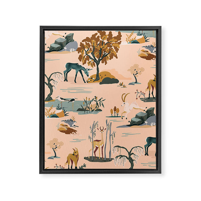 Cute Peach Wildlife Pattern Framed Canvas Print Gallery Image 1