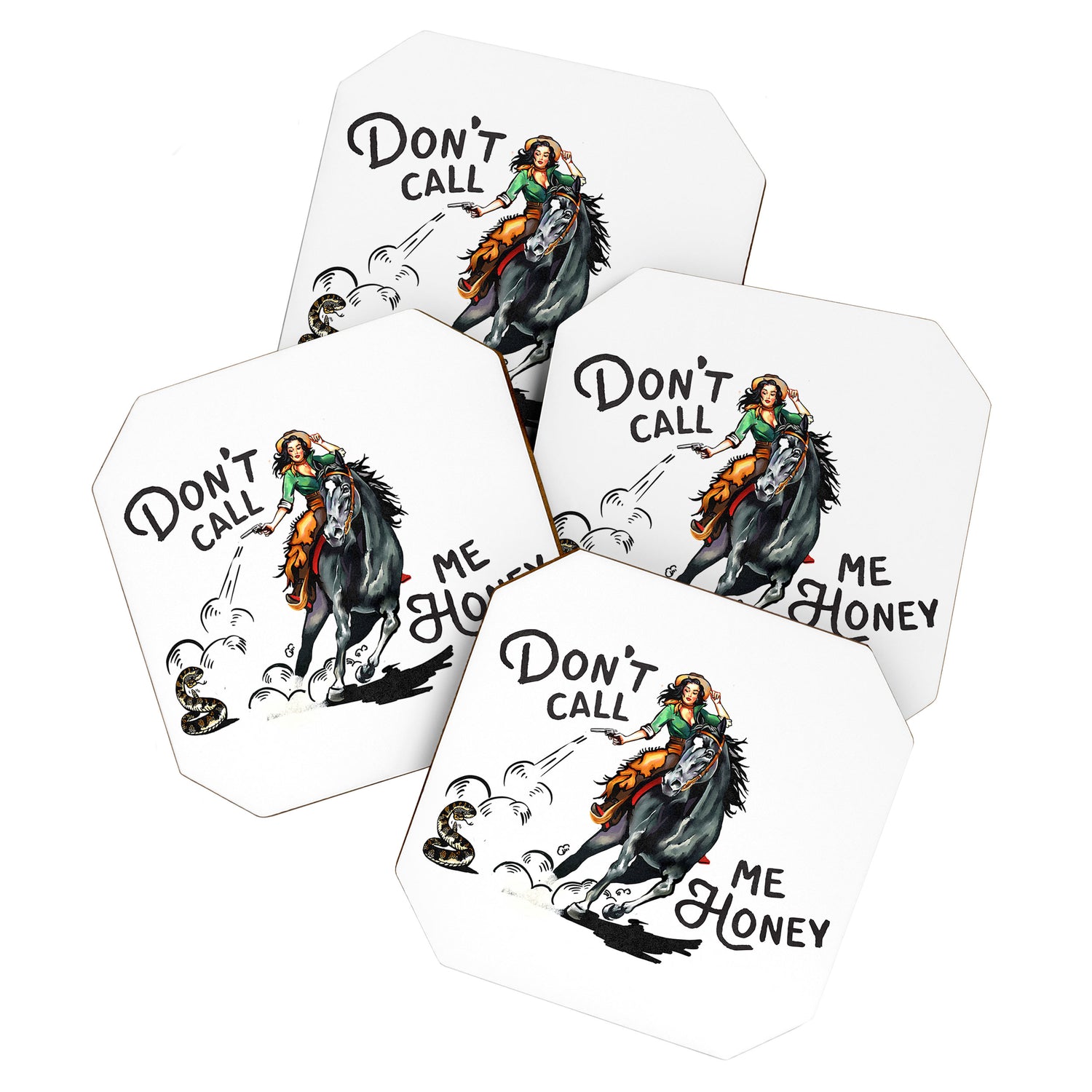 "Don't Call Me Honey" Cowgirl On Horseback Shooting a Rattlesnake Coaster Gallery Image 1