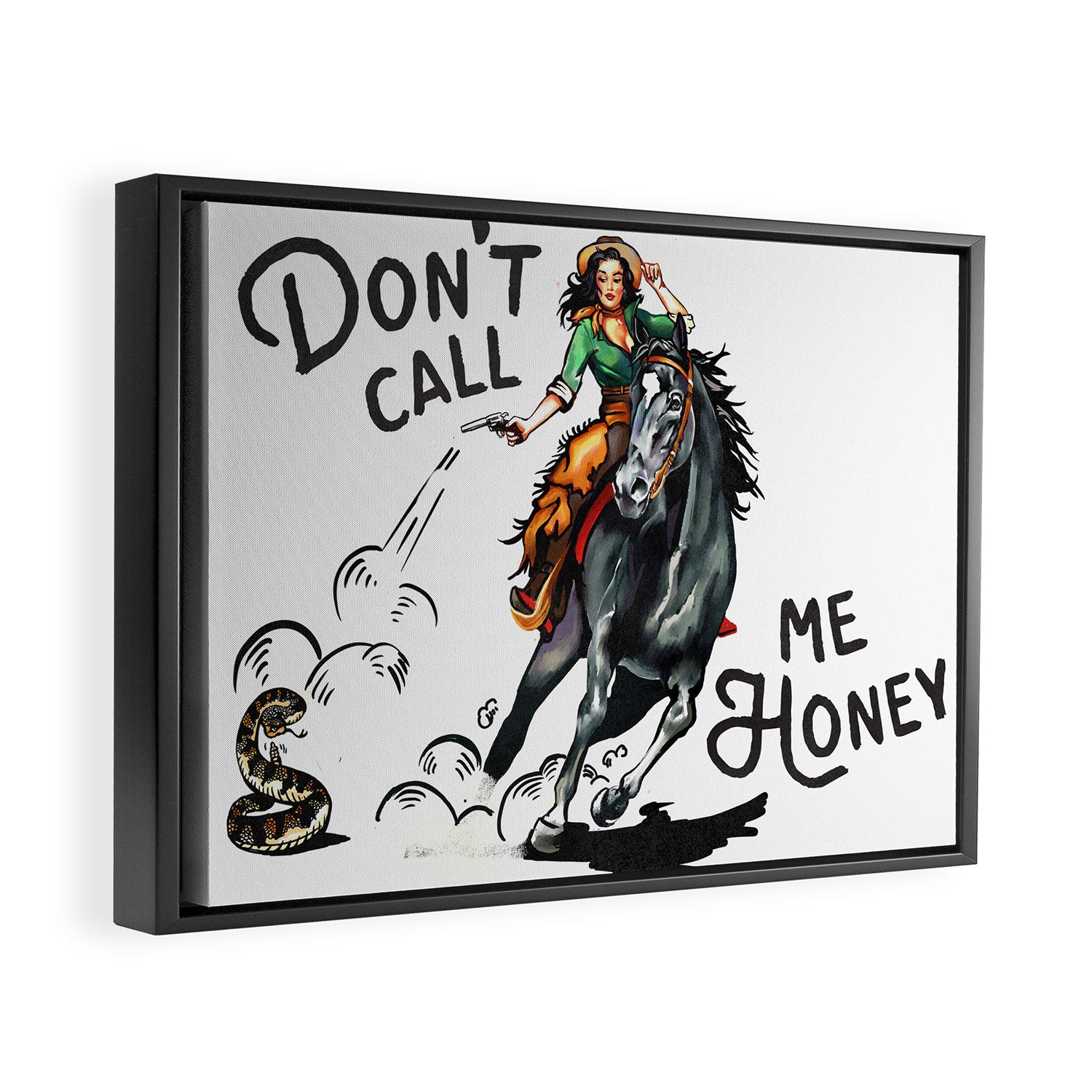 "Don't Call Me Honey" Cowgirl On Horseback Shooting a Rattlesnake Framed Canvas Print Gallery Image 2